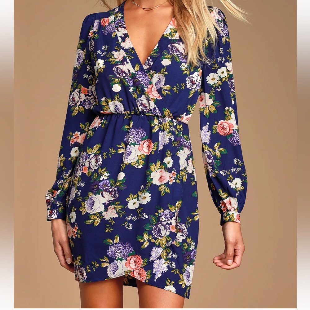 Lulus Floral Long Sleeve Dress in Navy Blue